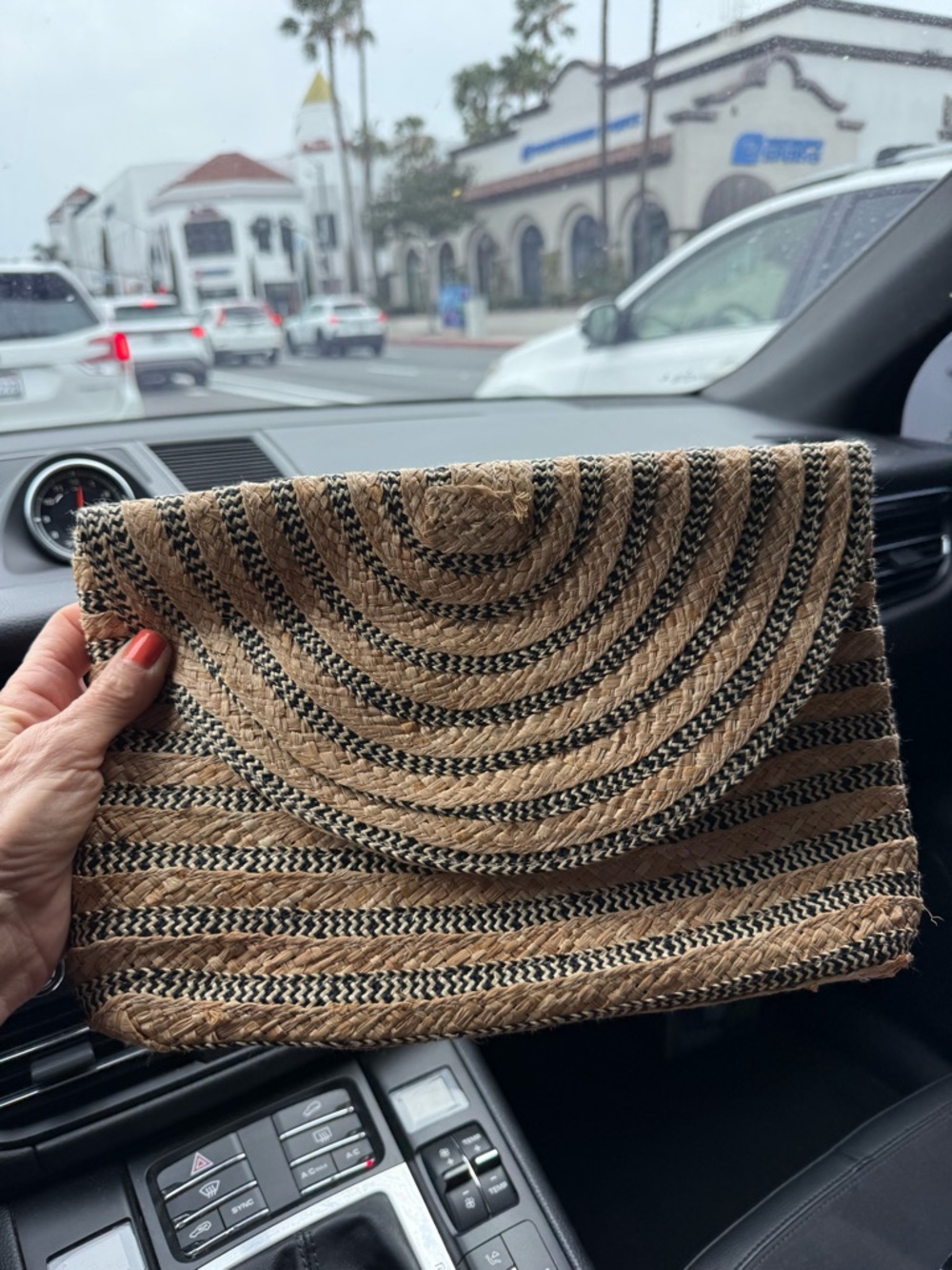 Woven Straw Clutch with Black Braided Accents
